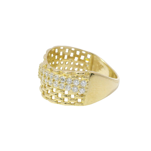 14KT Gold Ring Women's Light Weight Wavy Basket Weave with Diagonal Double Row of White CZ Stones Band