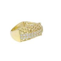 14KT Gold Ring Women's Light Weight Wavy Basket Weave with Diagonal Double Row of White CZ Stones Band