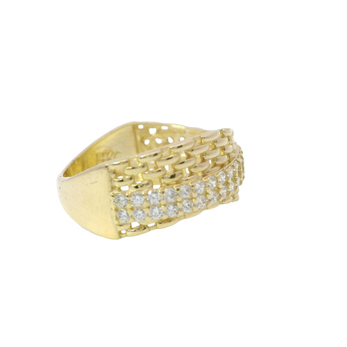 14KT Gold Ring Women's Light Weight Wavy Basket Weave with Diagonal Double Row of White CZ Stones Band