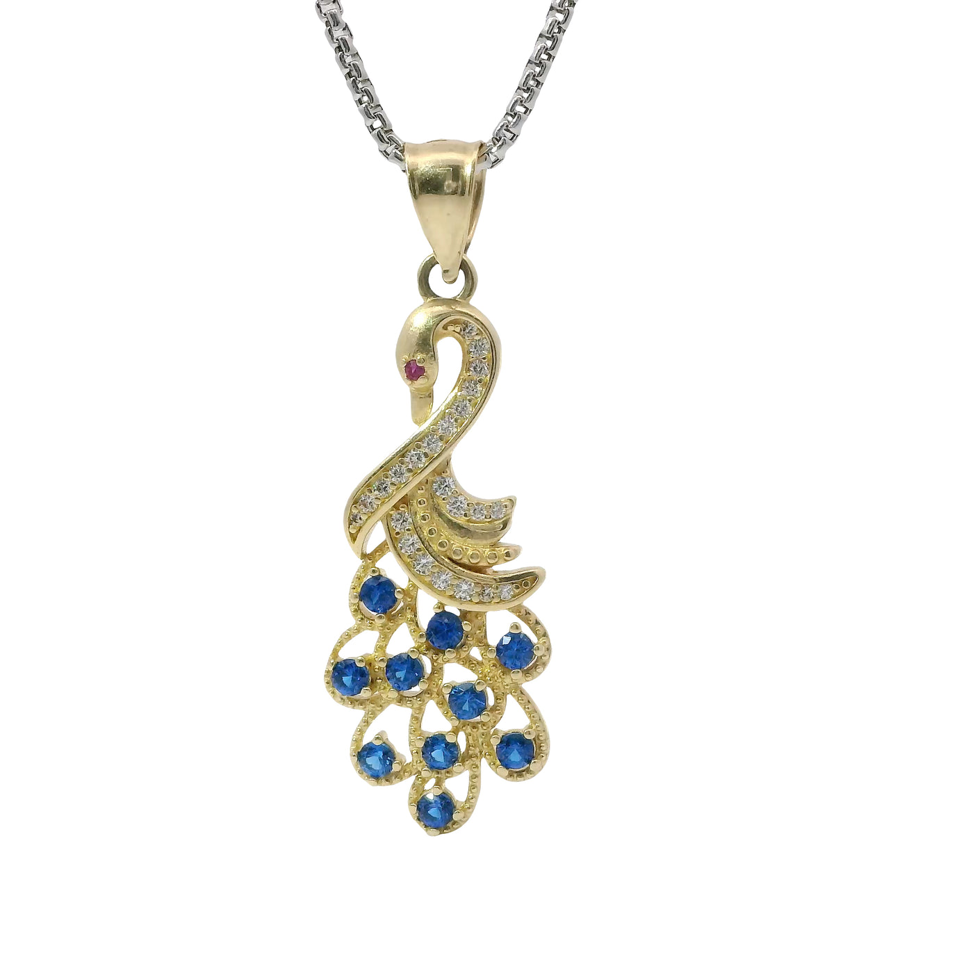 14KT Gold Charm Peacock with Blue CZ Stones Tail, White CZ Stones Body, Dark Pink CZ Stone Eye and Plain Bell