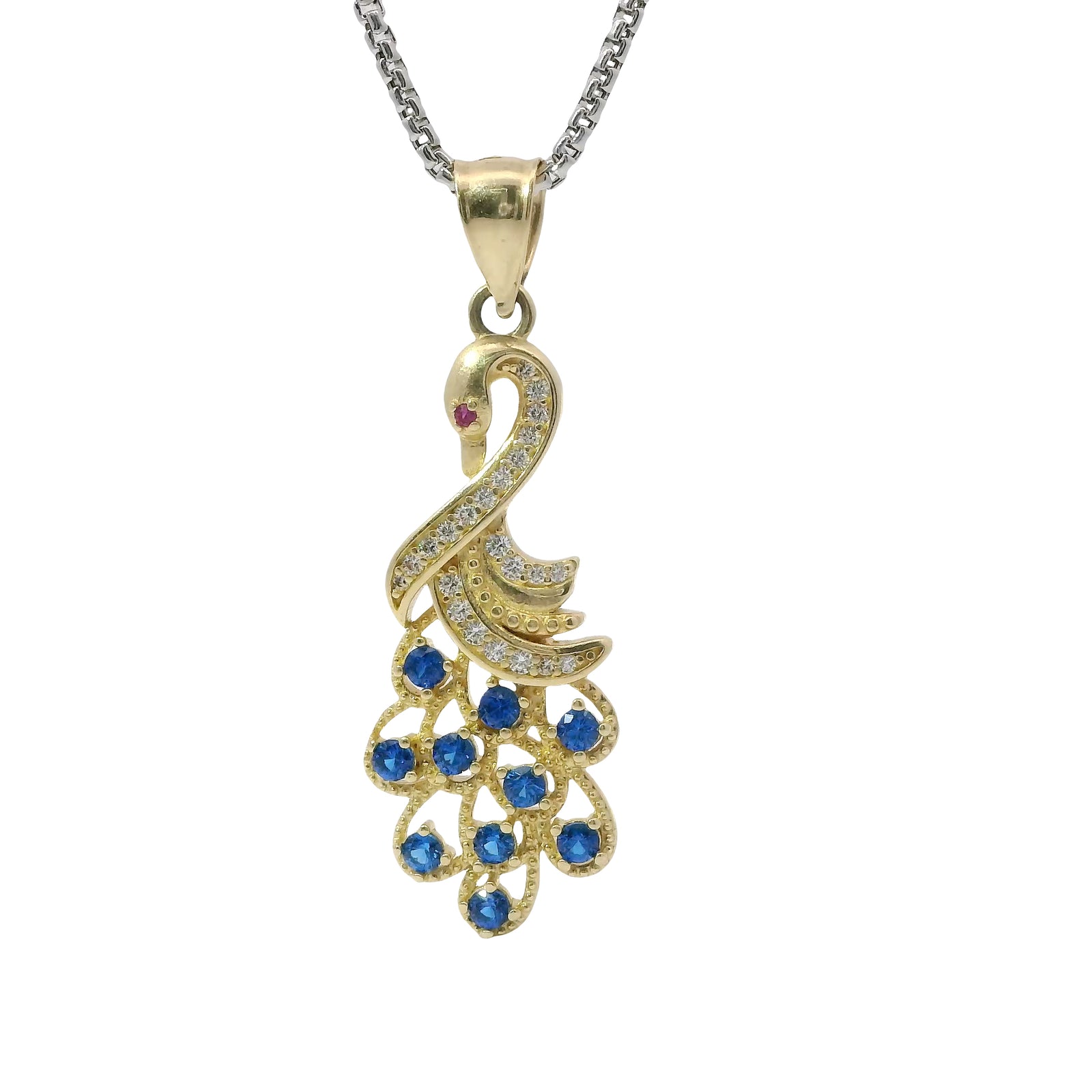 14KT Gold Charm Peacock with Blue CZ Stones Tail, White CZ Stones Body, Dark Pink CZ Stone Eye and Plain Bell
