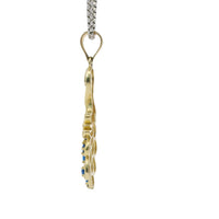 14KT Gold Charm Peacock with Blue CZ Stones Tail, White CZ Stones Body, Dark Pink CZ Stone Eye and Plain Bell