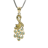 14KT Gold Charm Peacock with Blue CZ Stones Tail, White CZ Stones Body, Dark Pink CZ Stone Eye and Plain Bell