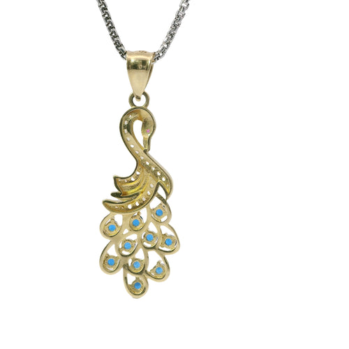 14KT Gold Charm Peacock with Blue CZ Stones Tail, White CZ Stones Body, Dark Pink CZ Stone Eye and Plain Bell