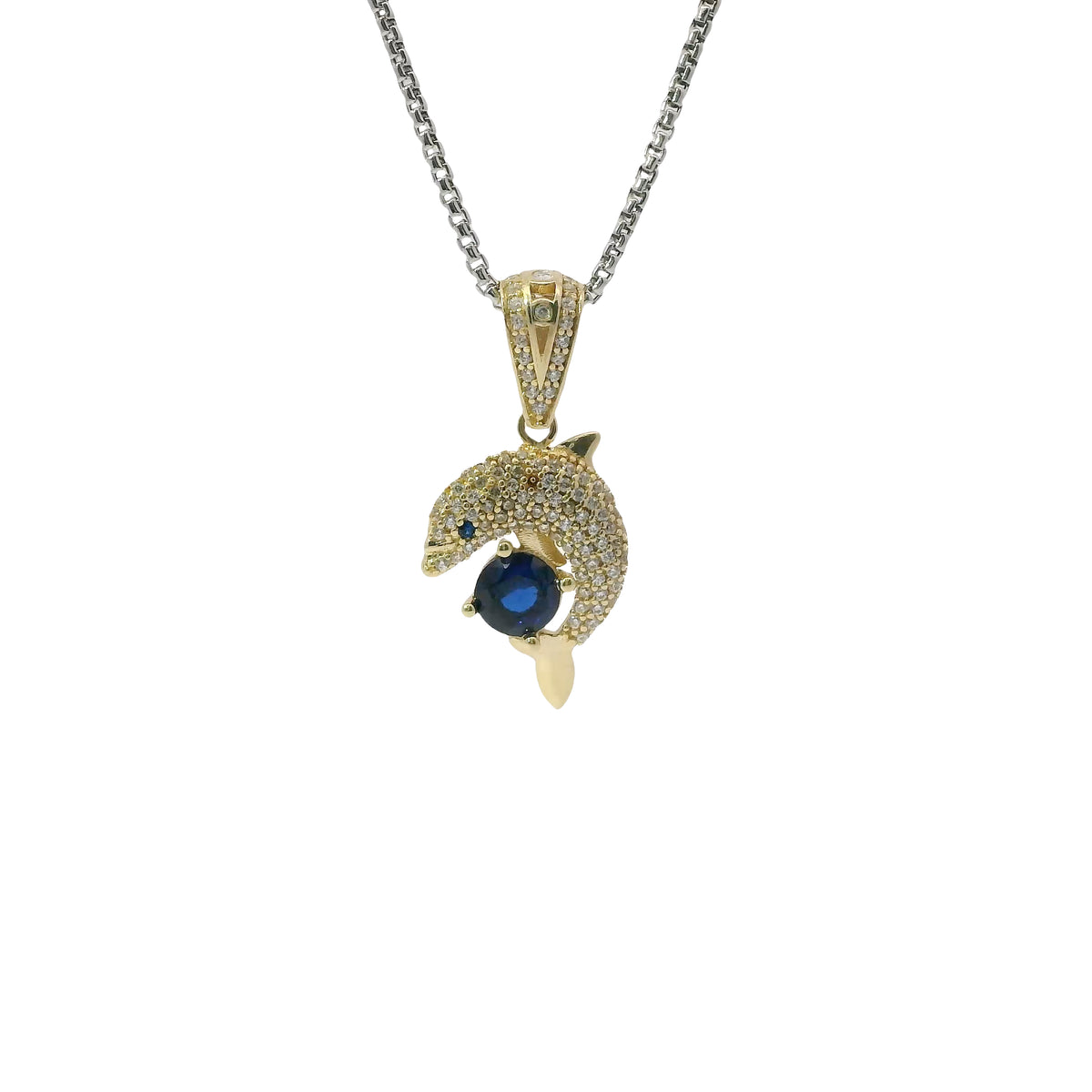 14KT Gold Charm Medium 3D Dolphin with Royal Blue CZ Stone Center, White CZ Stones Body, and Bell
