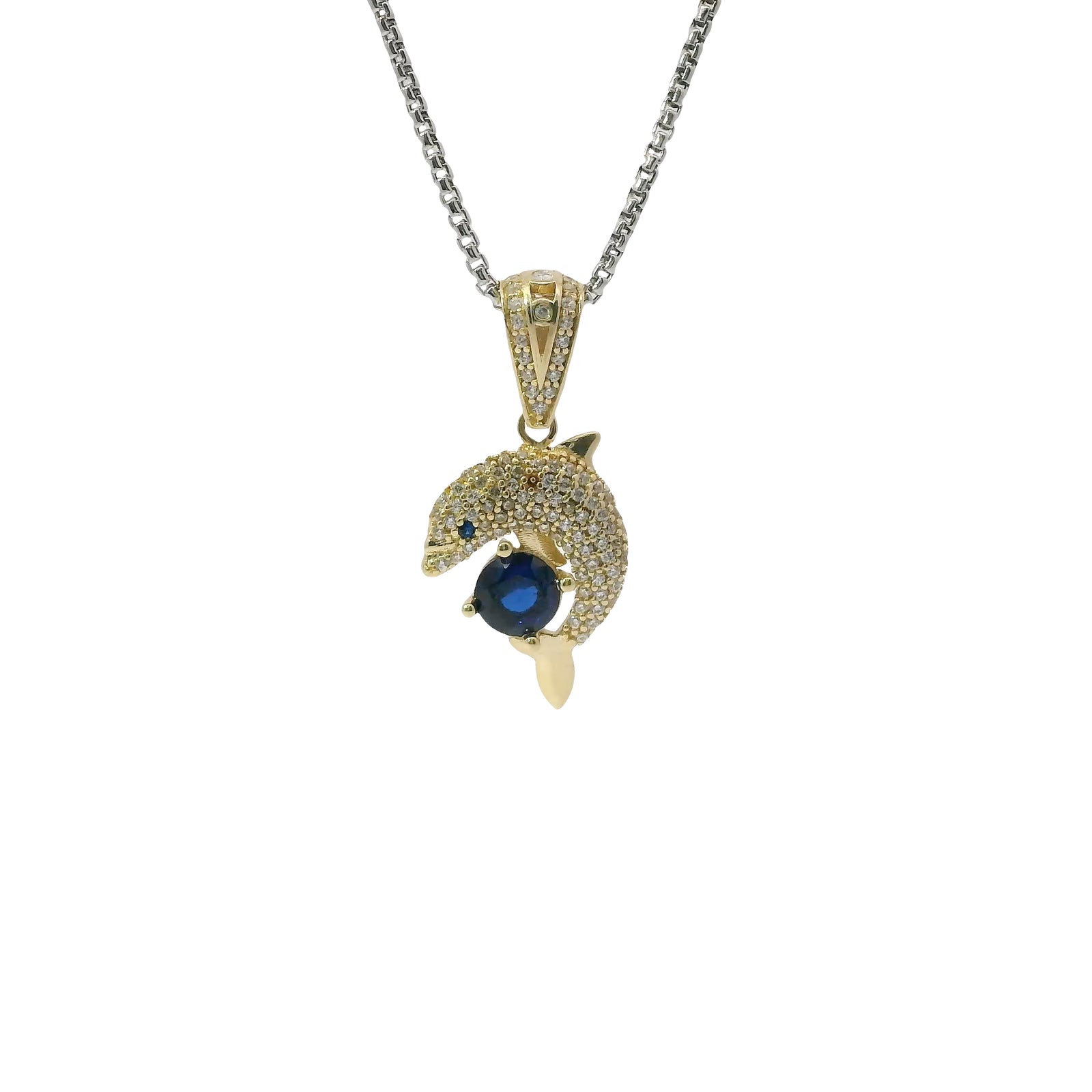 14KT Gold Charm Medium 3D Dolphin with Royal Blue CZ Stone Center, White CZ Stones Body, and Bell