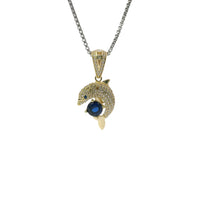 14KT Gold Charm Medium 3D Dolphin with Royal Blue CZ Stone Center, White CZ Stones Body, and Bell