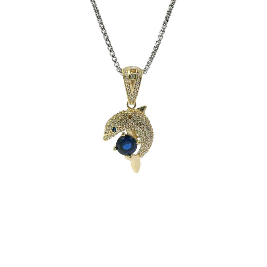 14KT Gold Charm Medium 3D Dolphin with Royal Blue CZ Stone Center, White CZ Stones Body, and Bell