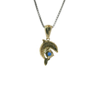 14KT Gold Charm Medium 3D Dolphin with Royal Blue CZ Stone Center, White CZ Stones Body, and Bell