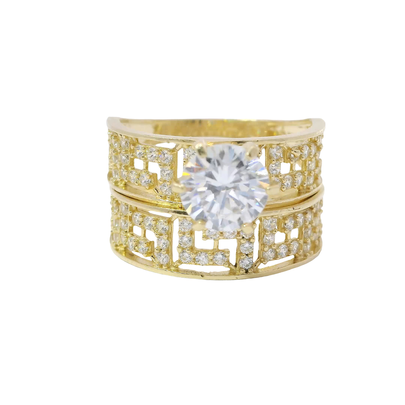 14KT Gold Ring Women's Duo 4 Prong White CZ Stone Solitaire with White CZ Stones Greek Band and Matching Separate Band