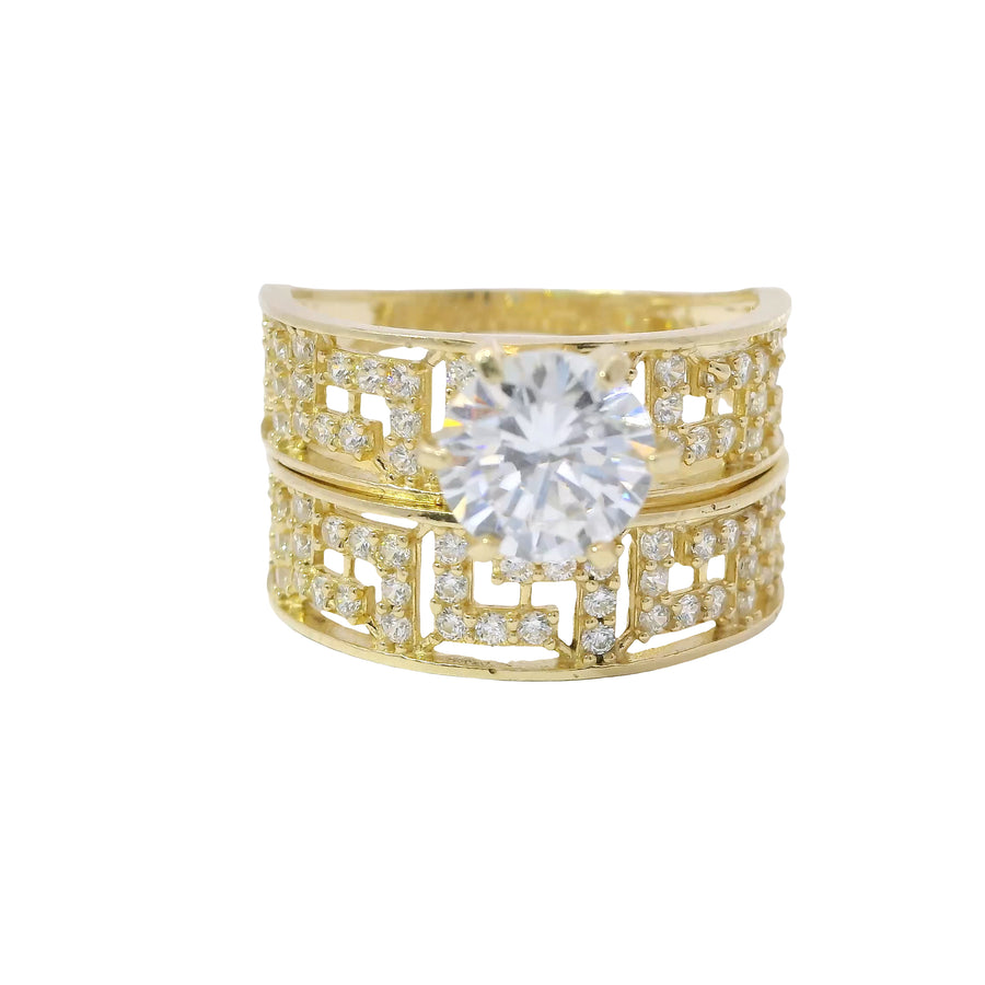 14KT Gold Ring Women's Duo 4 Prong White CZ Stone Solitaire with White CZ Stones Greek Band and Matching Separate Band