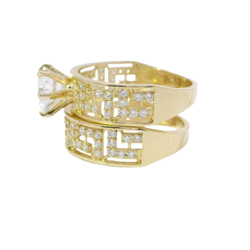 14KT Gold Ring Women's Duo 4 Prong White CZ Stone Solitaire with White CZ Stones Greek Band and Matching Separate Band