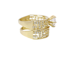 14KT Gold Ring Women's Duo 4 Prong White CZ Stone Solitaire with White CZ Stones Greek Band and Matching Separate Band
