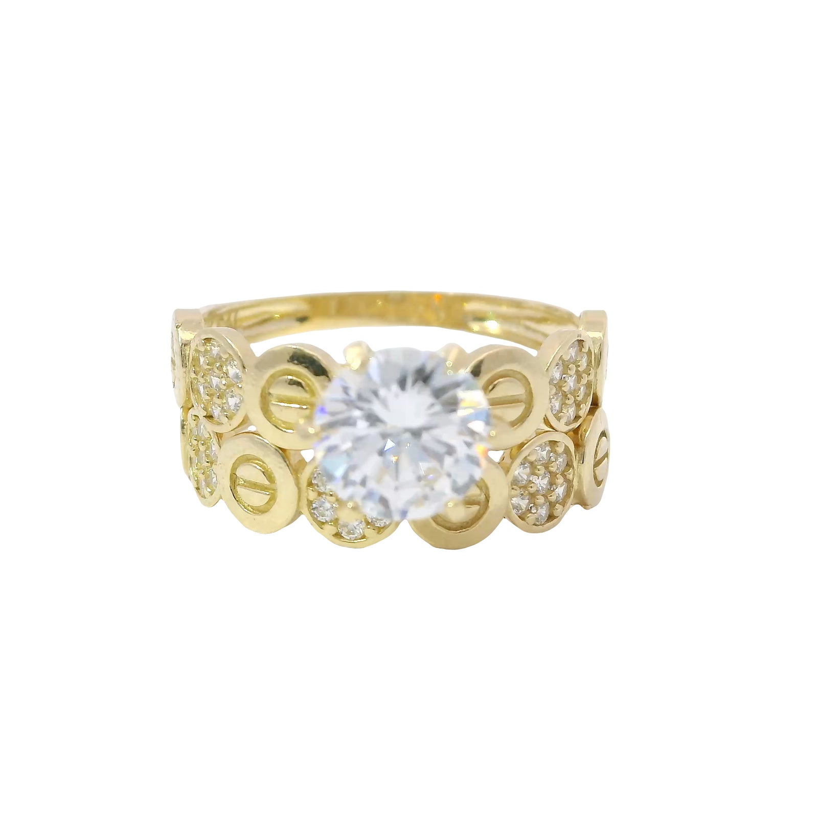 14KT Gold Ring Women's Duo 6 Prong White CZ Stone Solitaire with Alternating White CZ Stones Round Seven Stone Clusters and Mock Screw Scallop Edge Band with Separate Band