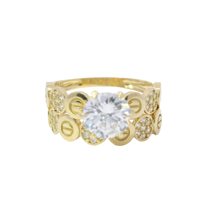 14KT Gold Ring Women's Duo 6 Prong White CZ Stone Solitaire with Alternating White CZ Stones Round Seven Stone Clusters and Mock Screw Scallop Edge Band with Separate Band