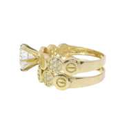 14KT Gold Ring Women's Duo 6 Prong White CZ Stone Solitaire with Alternating White CZ Stones Round Seven Stone Clusters and Mock Screw Scallop Edge Band with Separate Band