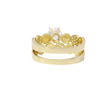 14KT Gold Ring Women's Duo 6 Prong White CZ Stone Solitaire with Alternating White CZ Stones Round Seven Stone Clusters and Mock Screw Scallop Edge Band with Separate Band