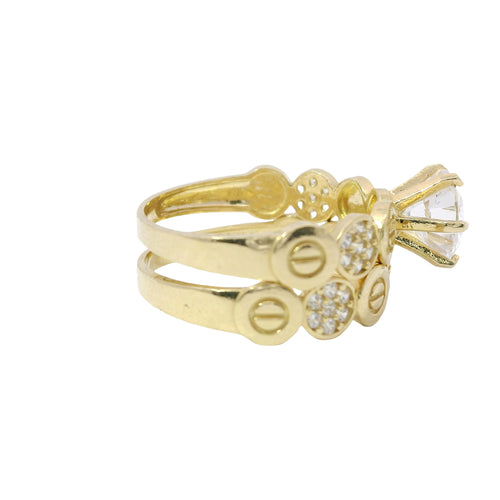 14KT Gold Ring Women's Duo 6 Prong White CZ Stone Solitaire with Alternating White CZ Stones Round Seven Stone Clusters and Mock Screw Scallop Edge Band with Separate Band