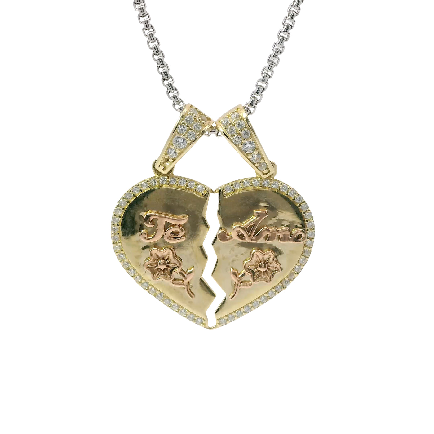 14KT Gold Charm Medium Two Tone "Te Amo" Broken Heart with Flower Center with White CZ Stone Outline and Two White CZ Stone Bells