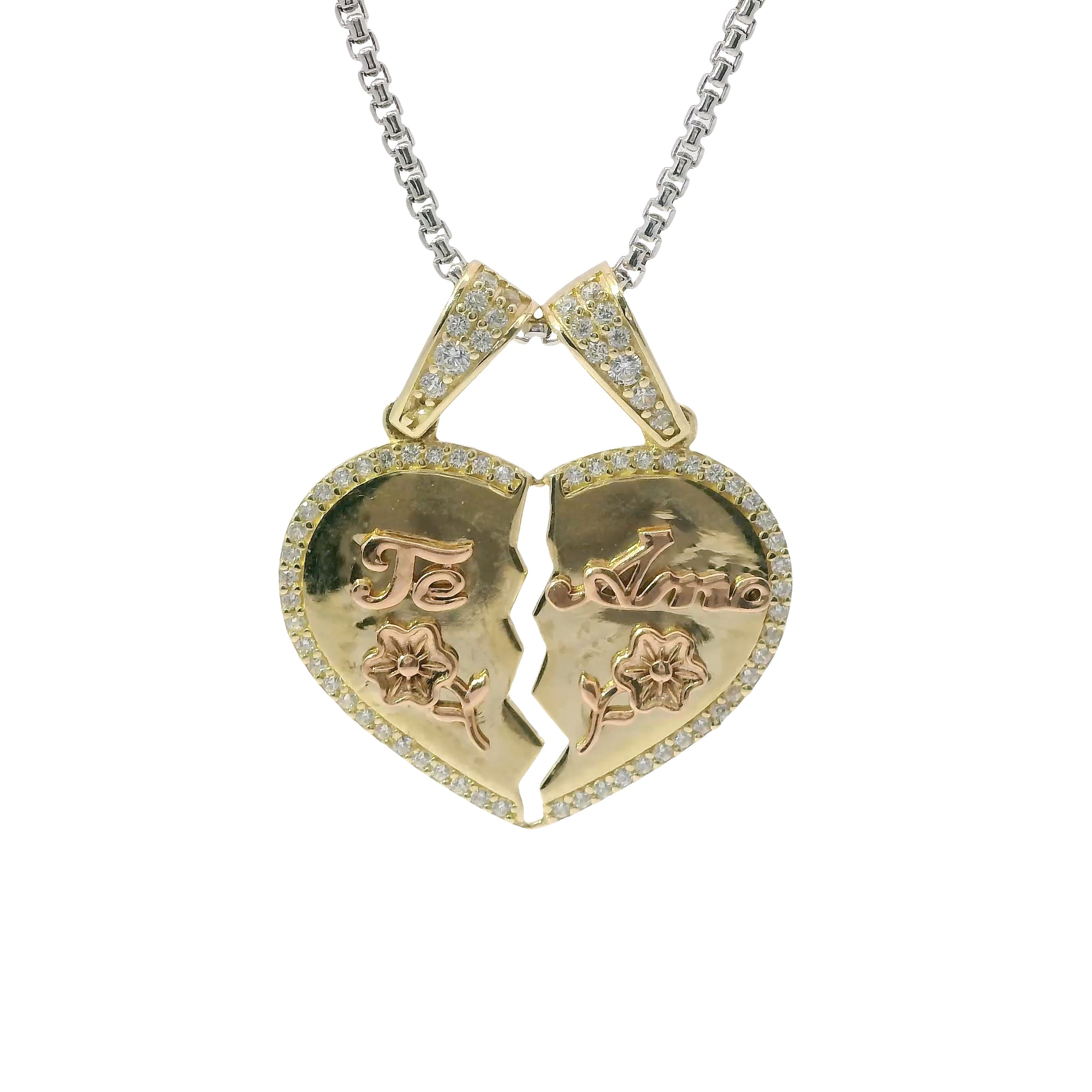 14KT Gold Charm Medium Two Tone "Te Amo" Broken Heart with Flower Center with White CZ Stone Outline and Two White CZ Stone Bells