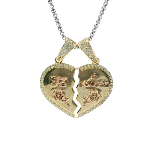 14KT Gold Charm Medium Two Tone "Te Amo" Broken Heart with Flower Center with White CZ Stone Outline and Two White CZ Stone Bells