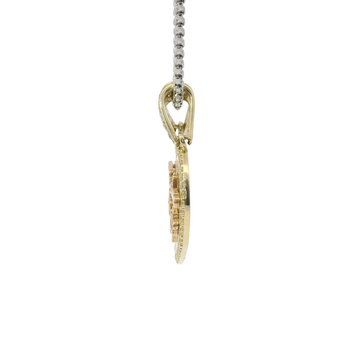 14KT Gold Charm Medium Two Tone "Te Amo" Broken Heart with Flower Center with White CZ Stone Outline and Two White CZ Stone Bells