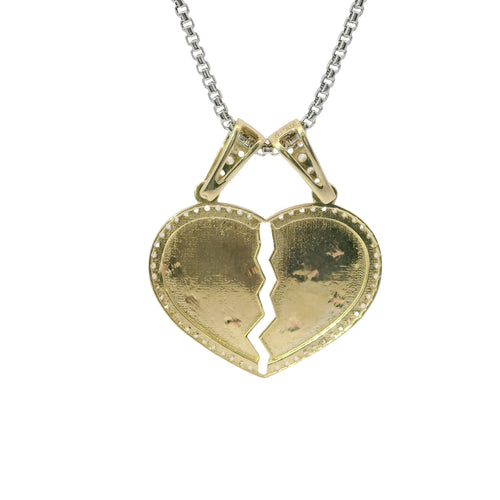 14KT Gold Charm Medium Two Tone "Te Amo" Broken Heart with Flower Center with White CZ Stone Outline and Two White CZ Stone Bells