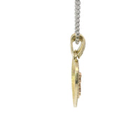 14KT Gold Charm Medium Two Tone "Te Amo" Broken Heart with Flower Center with White CZ Stone Outline and Two White CZ Stone Bells