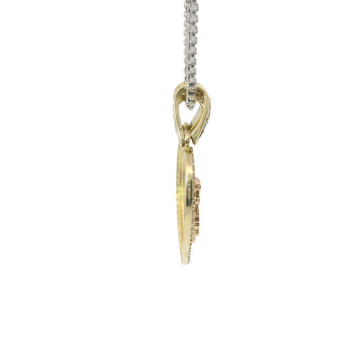 14KT Gold Charm Medium Two Tone "Te Amo" Broken Heart with Flower Center with White CZ Stone Outline and Two White CZ Stone Bells