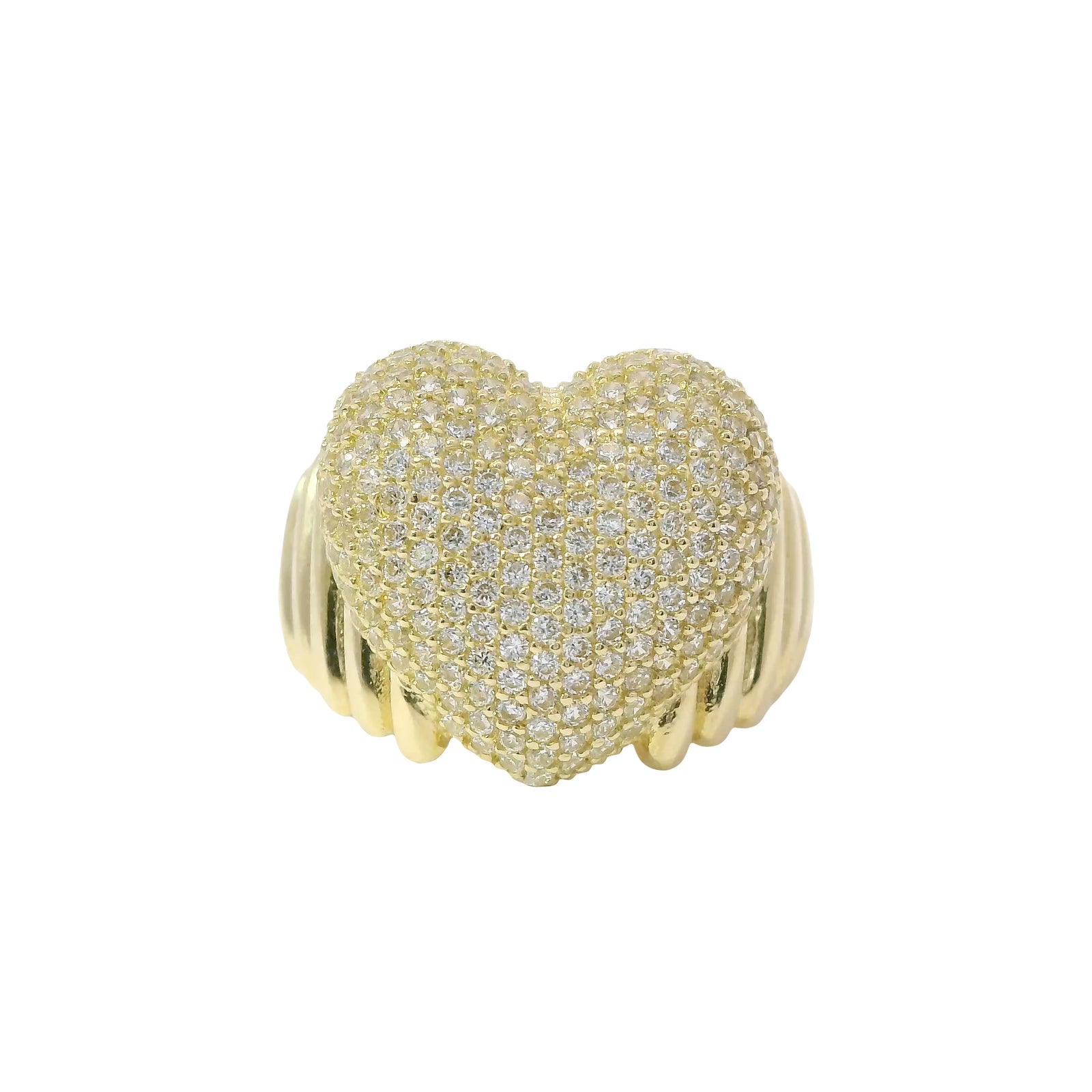 14KT Gold Ring Women's Jumbo Bubble White CZ Stones Heart with Plain Ribbed Band
