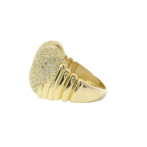 14KT Gold Ring Women's Jumbo Bubble White CZ Stones Heart with Plain Ribbed Band