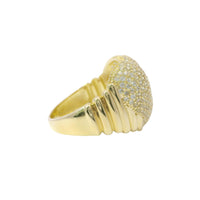14KT Gold Ring Women's Jumbo Bubble White CZ Stones Heart with Plain Ribbed Band