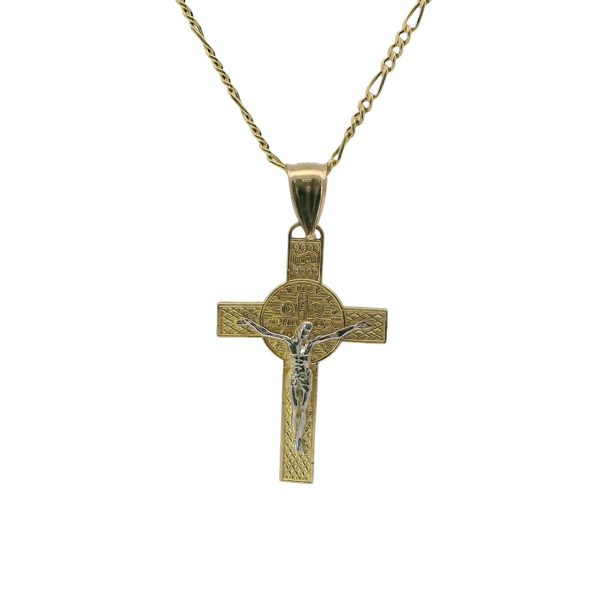 14KT Gold Charm Medium Two Tone St Benedict Coin Center Cross with Plain Bell