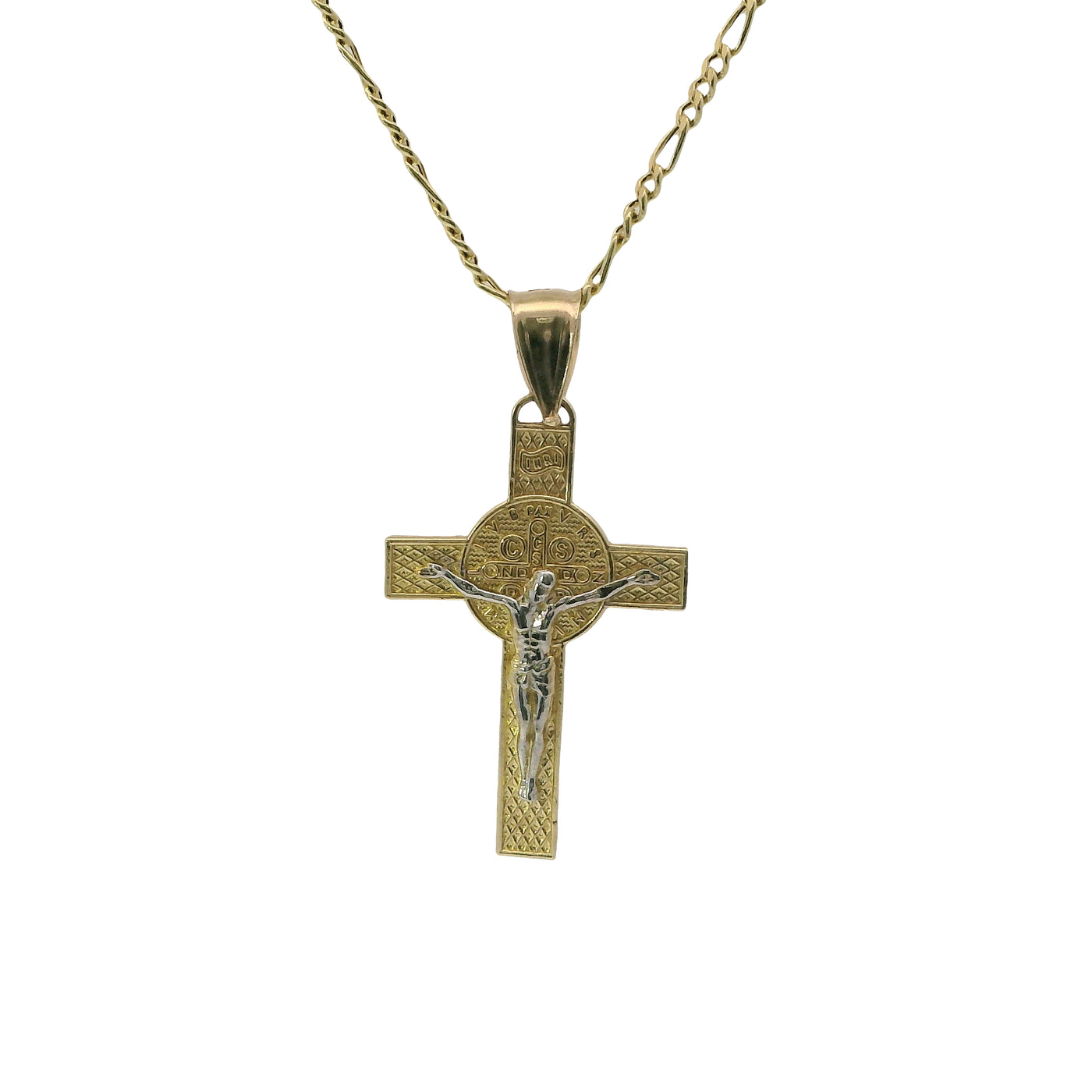 14KT Gold Charm Medium Two Tone St Benedict Coin Center Cross with Plain Bell