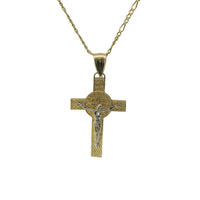 14KT Gold Charm Medium Two Tone St Benedict Coin Center Cross with Plain Bell
