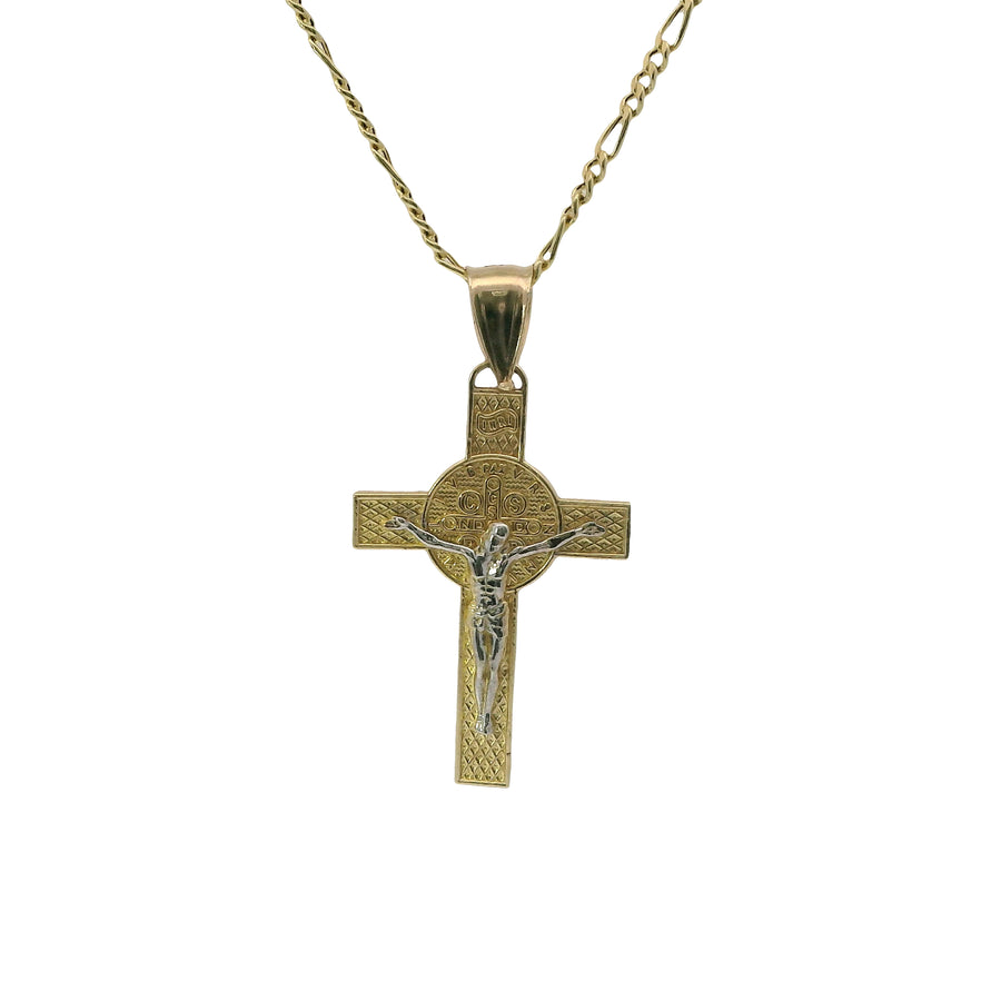 14KT Gold Charm Medium Two Tone St Benedict Coin Center Cross with Plain Bell