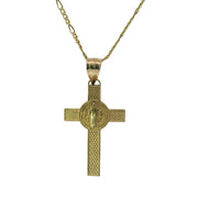 14KT Gold Charm Medium Two Tone St Benedict Coin Center Cross with Plain Bell