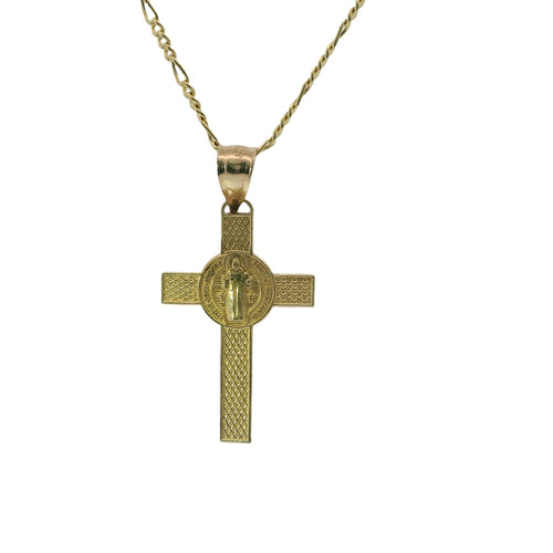 14KT Gold Charm Medium Two Tone St Benedict Coin Center Cross with Plain Bell