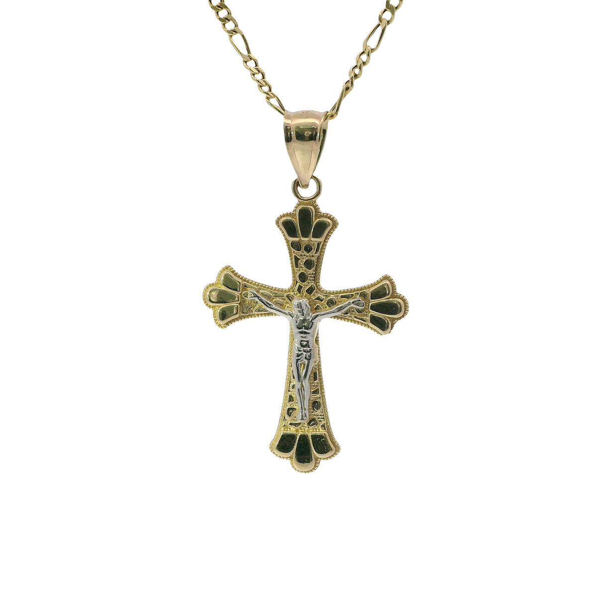 14KT Gold Charm Medium Two Tone Open Center Nugget Square Ends Crucifix Cross with Plain Bell