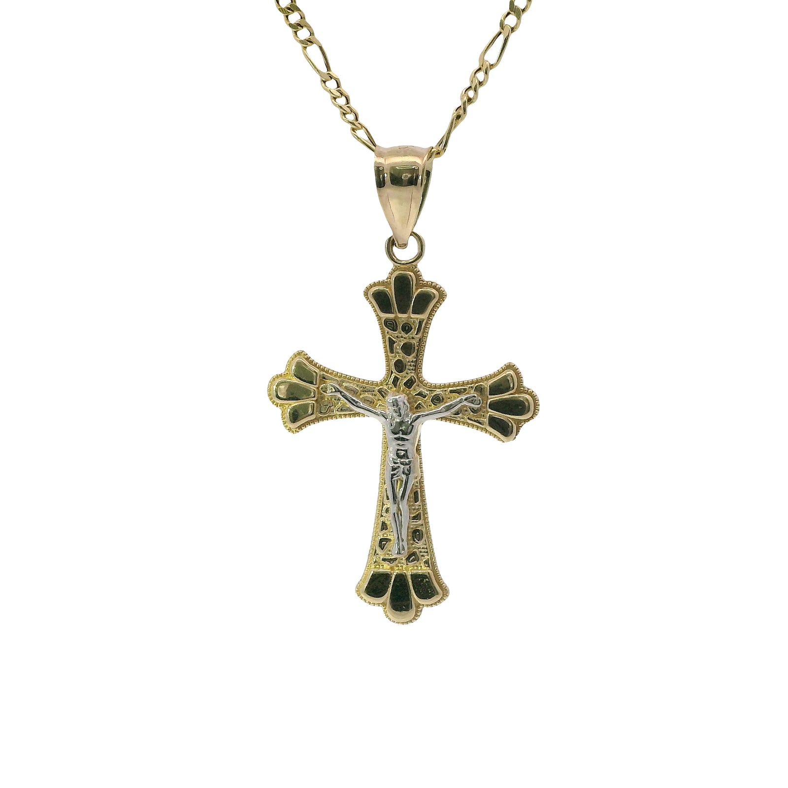 14KT Gold Charm Medium Two Tone Open Center Nugget Square Ends Crucifix Cross with Plain Bell