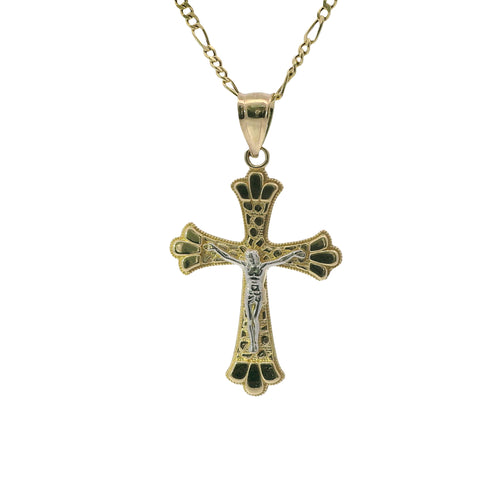 14KT Gold Charm Medium Two Tone Open Center Nugget Square Ends Crucifix Cross with Plain Bell