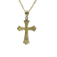 14KT Gold Charm Medium Two Tone Open Center Nugget Square Ends Crucifix Cross with Plain Bell