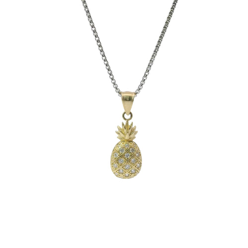 14KT Gold Charm Mini Pineapple with White CZ Stones and Plain Bell
