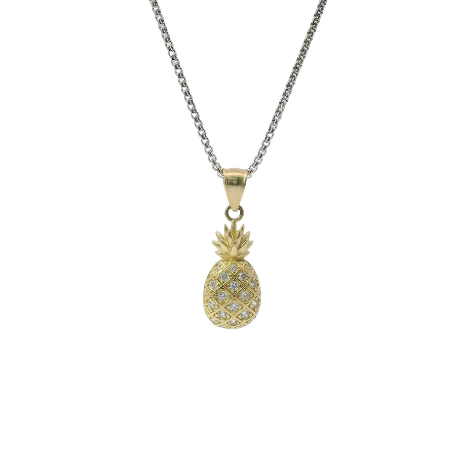 14KT Gold Charm Mini Pineapple with White CZ Stones and Plain Bell