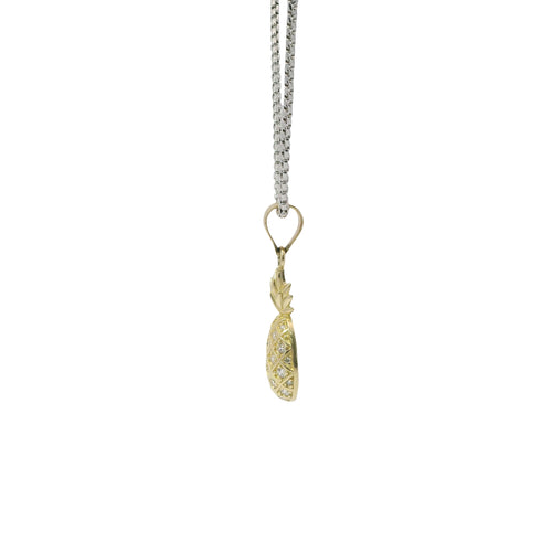 14KT Gold Charm Mini Pineapple with White CZ Stones and Plain Bell