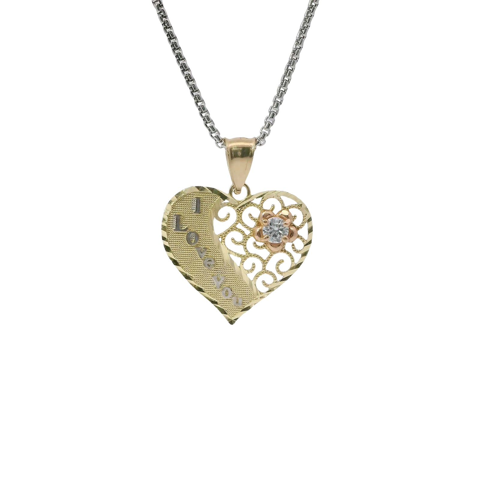 14KT Gold Charm Jumbo Tri Tone Flat "I Love You" Heart with White CZ Stone Right Side Flower and Plain Bell