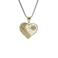 14KT Gold Charm Jumbo Tri Tone Flat "I Love You" Heart with White CZ Stone Right Side Flower and Plain Bell