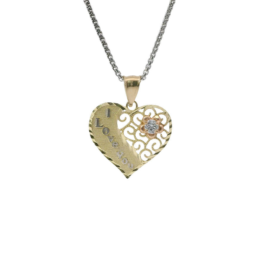 14KT Gold Charm Jumbo Tri Tone Flat "I Love You" Heart with White CZ Stone Right Side Flower and Plain Bell