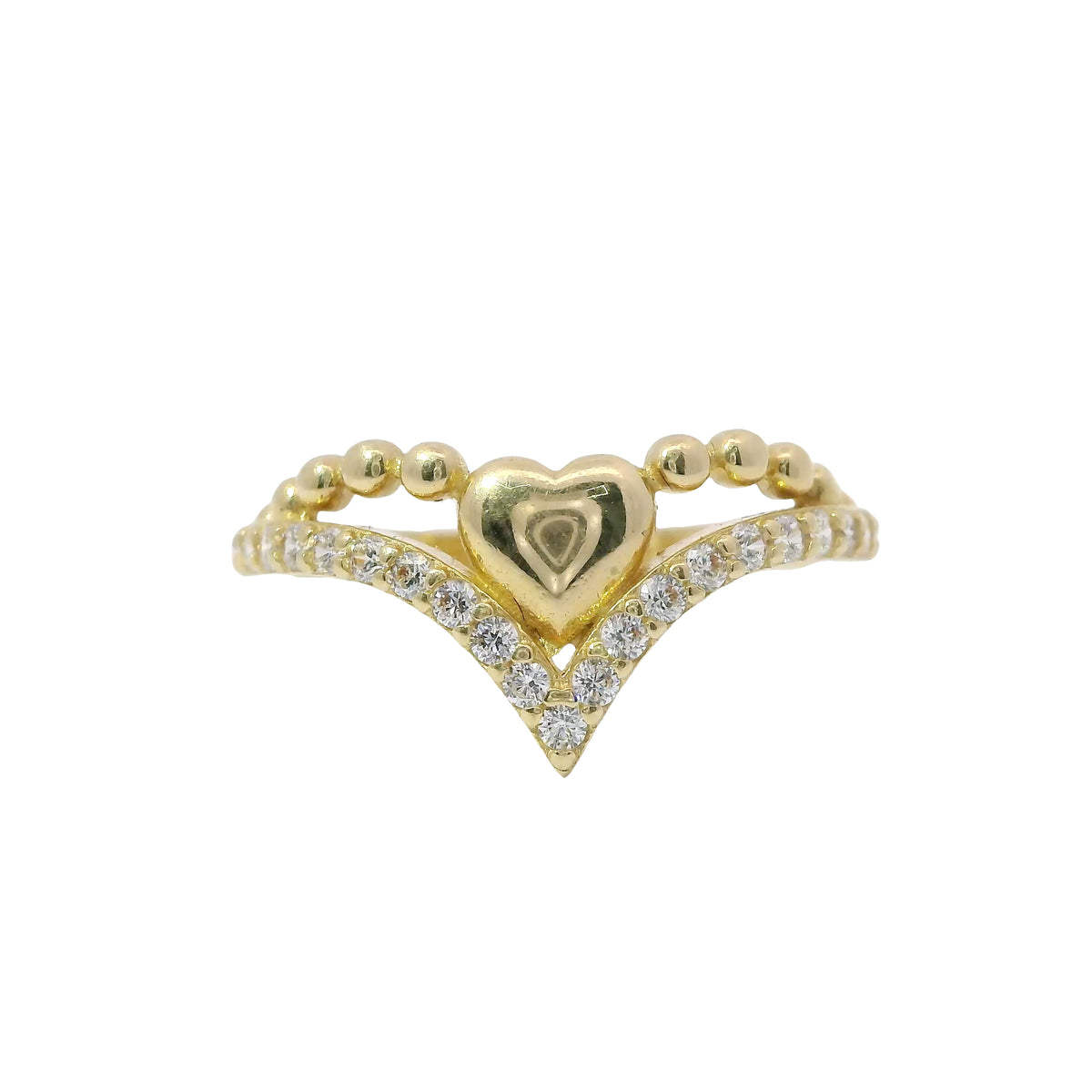14KT Gold Ring Women's Solid Heart Beaded Necklace Center with Lower White CZ Stone Chevron Band