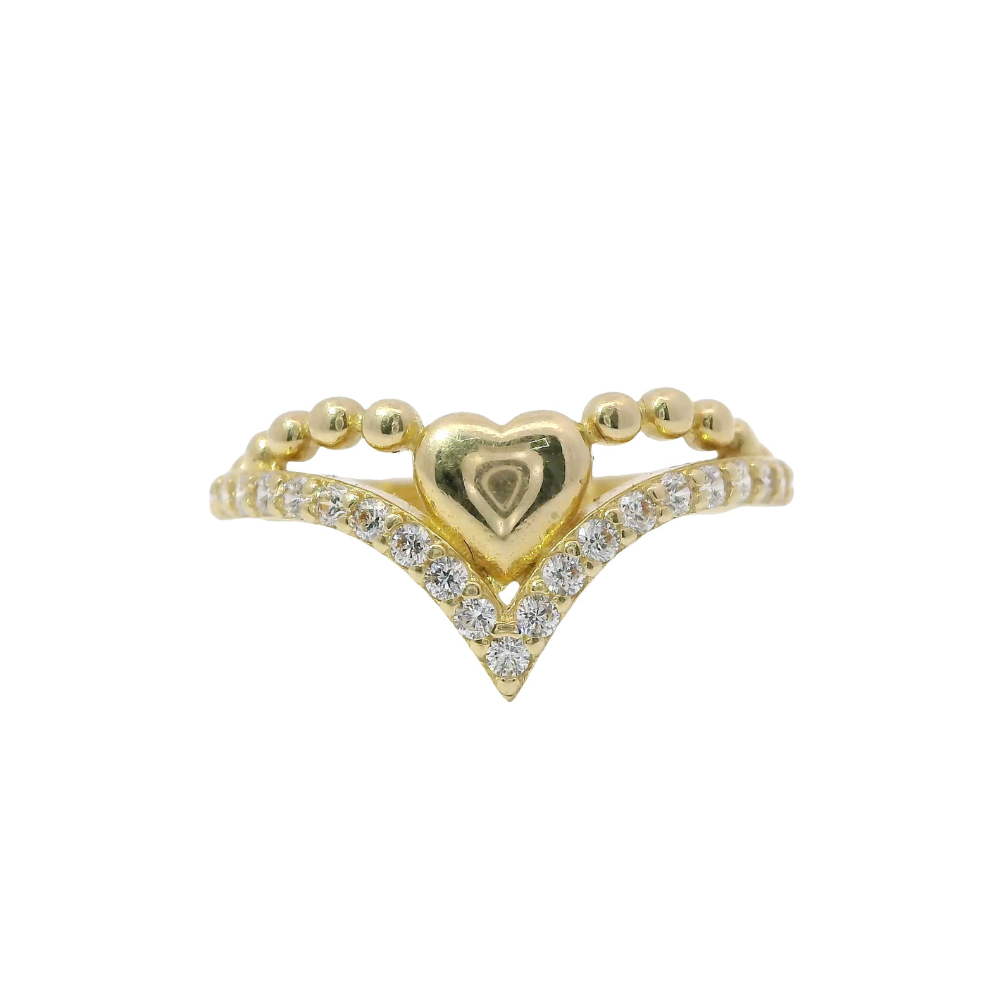 14KT Gold Ring Women's Solid Heart Beaded Necklace Center with Lower White CZ Stone Chevron Band